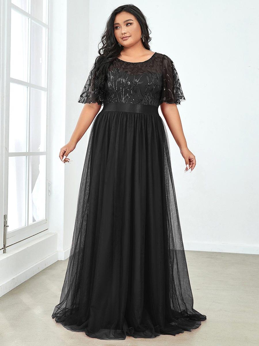 Stunning Sequin Applique A-Line Evening Dress with Short Sleeves