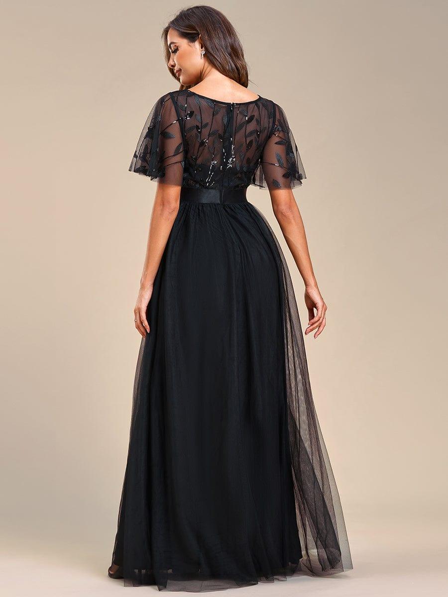 Stunning Sequin Applique A-Line Evening Dress with Short Sleeves