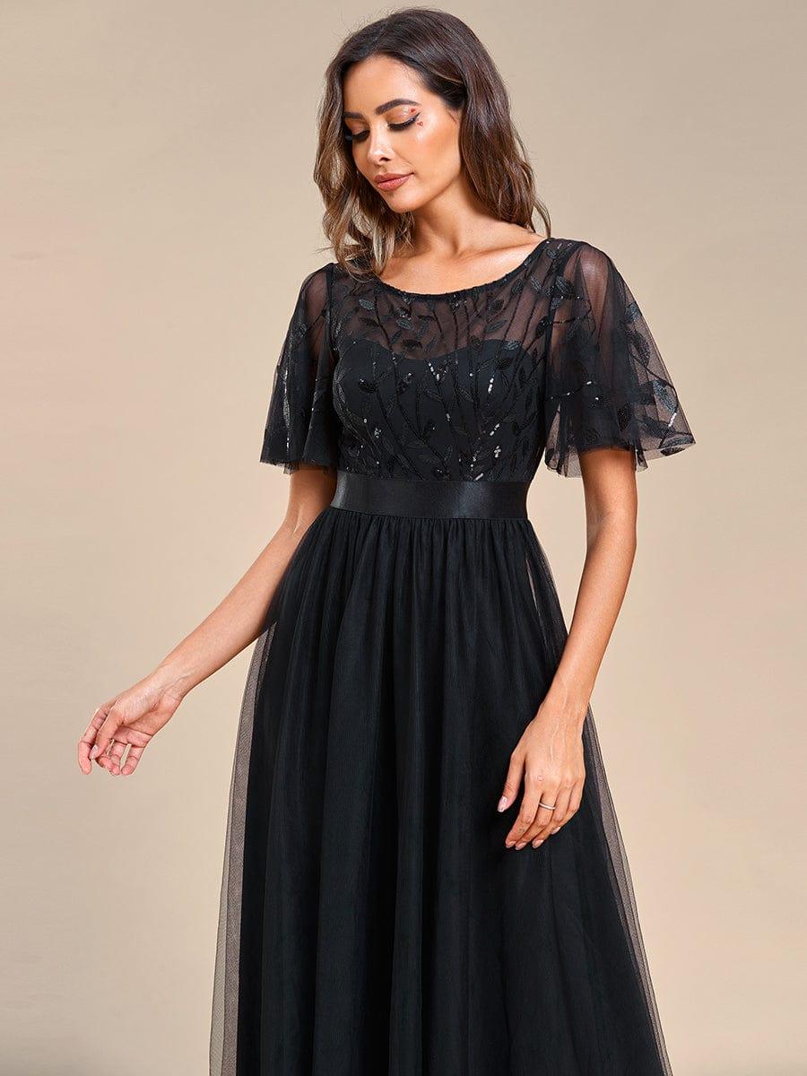 Stunning Sequin Applique A-Line Evening Dress with Short Sleeves