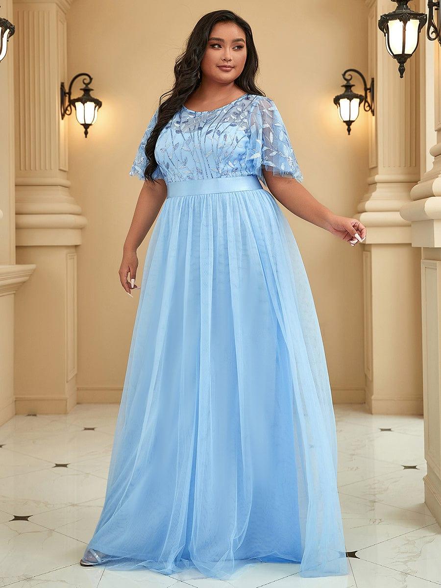 Plus Size Sequin Applique Evening Dress with Short Sleeves