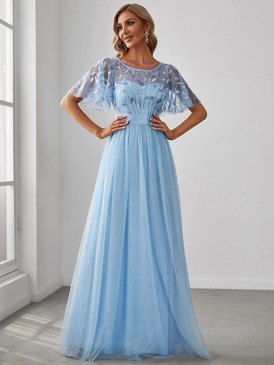 Stunning Sequin Applique A-Line Evening Dress with Short Sleeves