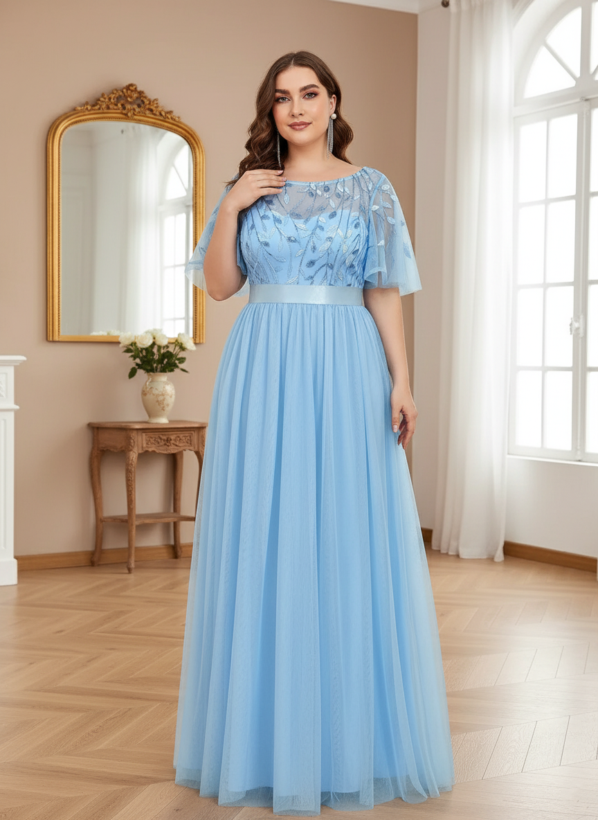 Plus Size Black Embroidery Applique A-Line Evening Dresses