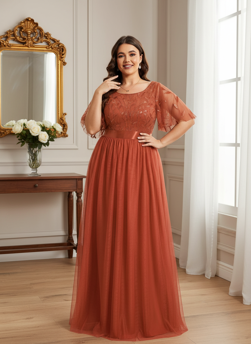 Plus Size Black Embroidery Applique A-Line Evening Dresses