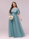 Plus Size Sequin Applique Evening Dress with Short Sleeves