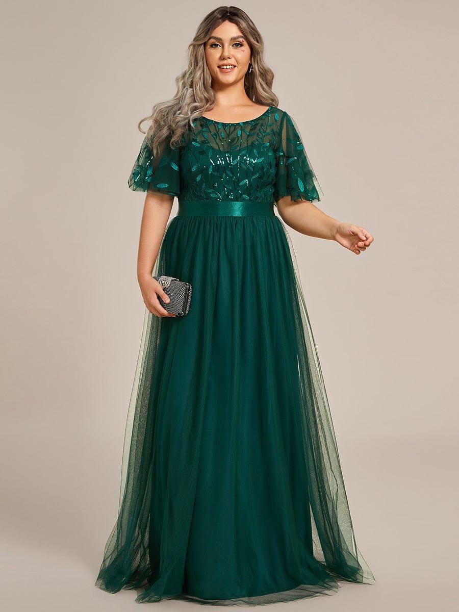 Plus Size Sequin Applique Evening Dress with Short Sleeves