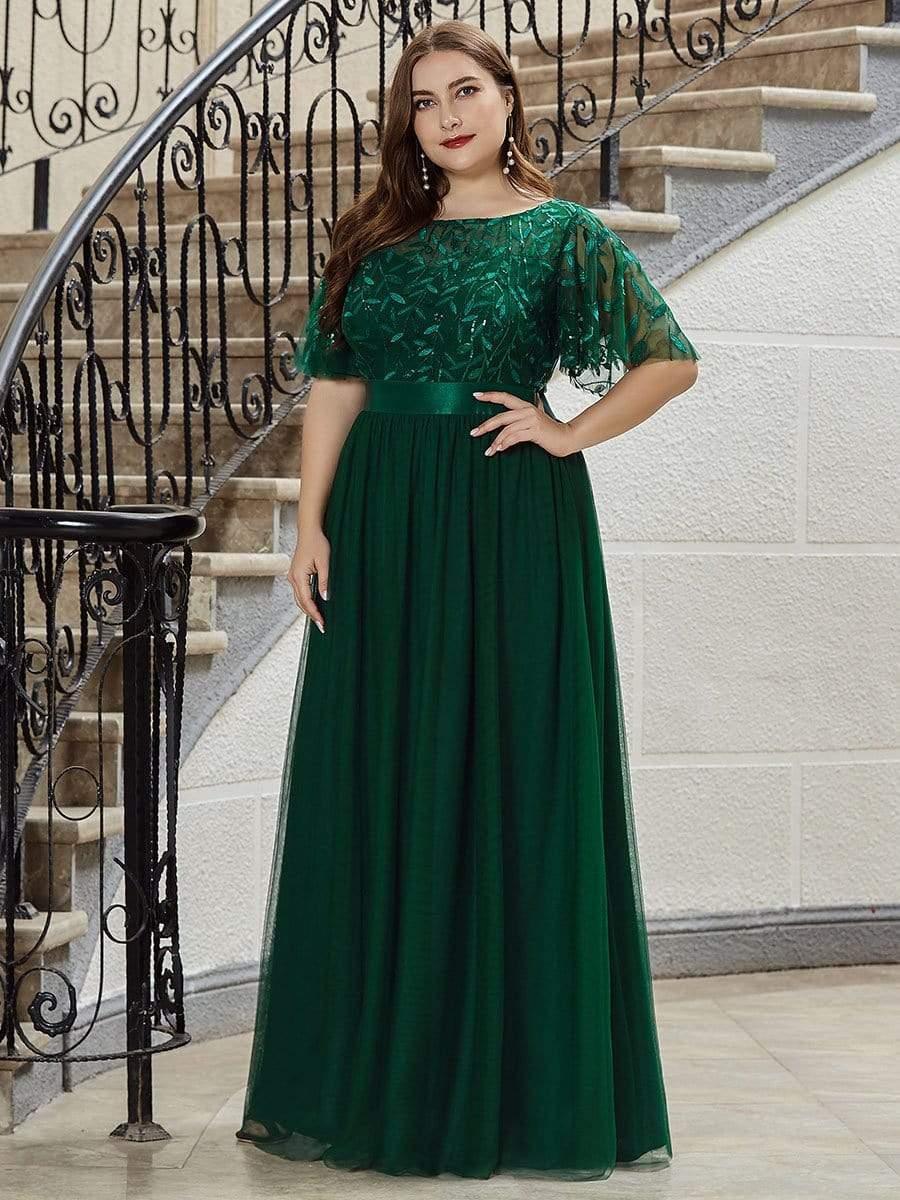 Plus Size Gold Crew Neck Applique Tulle Evening Dresses #color_Dark Green 