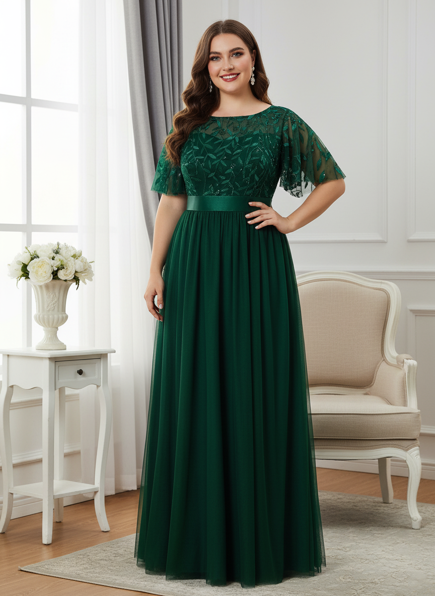 Plus Size Gold Crew Neck Applique Tulle Evening Dresses