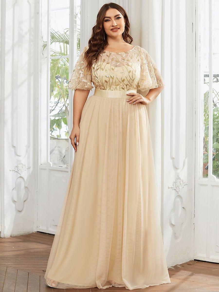 Gold Crew Neck Sequin Prom Dress with Sleeves #color_Gold