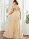 Plus Size Gold Crew Neck Applique Tulle Evening Dresses #color_Gold