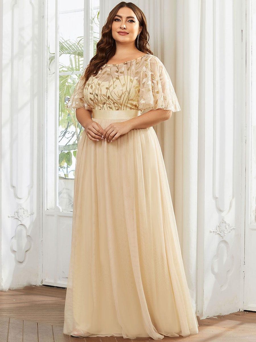 Plus Size Sequin Applique Evening Dress with Short Sleeves