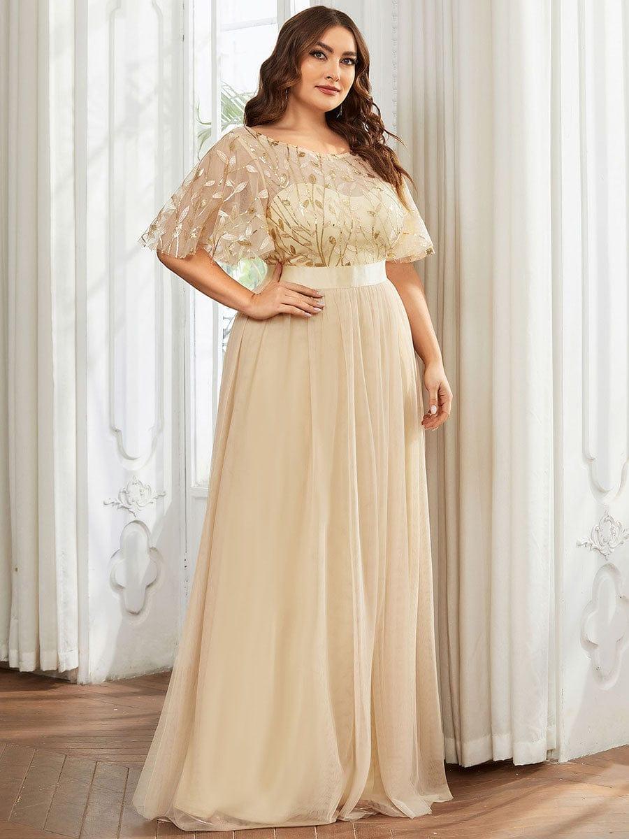 Plus Size Sequin Applique Evening Dress with Short Sleeves