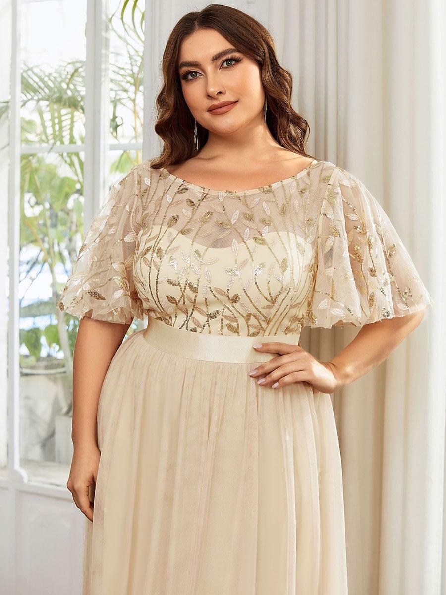 Plus Size Sequin Applique Evening Dress with Short Sleeves