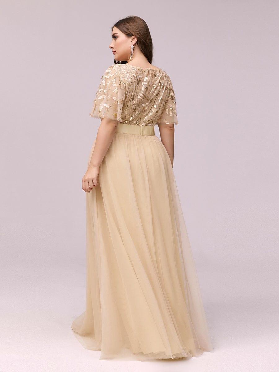 Plus Size Gold Crew Neck Applique Tulle Evening Dresses #color_Gold