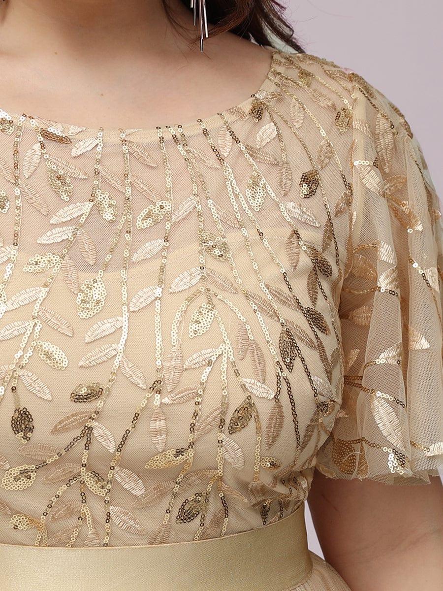 Plus Size Gold Crew Neck Applique Tulle Evening Dresses #color_Gold
