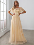 Gold Crew Neck Sequin Prom Dress with Sleeves #color_Gold
