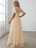 Gold Crew Neck Sequin Prom Dress with Sleeves #color_Gold