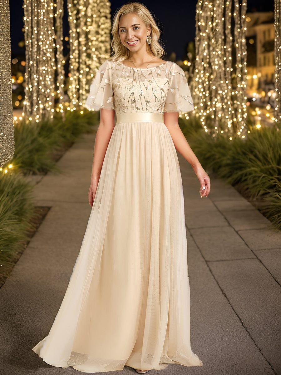 Gold Crew Neck Sequin Prom Dress with Sleeves #color_Gold