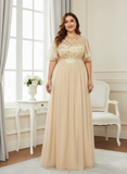 Plus Size Gold Crew Neck Applique Tulle Evening Dresses