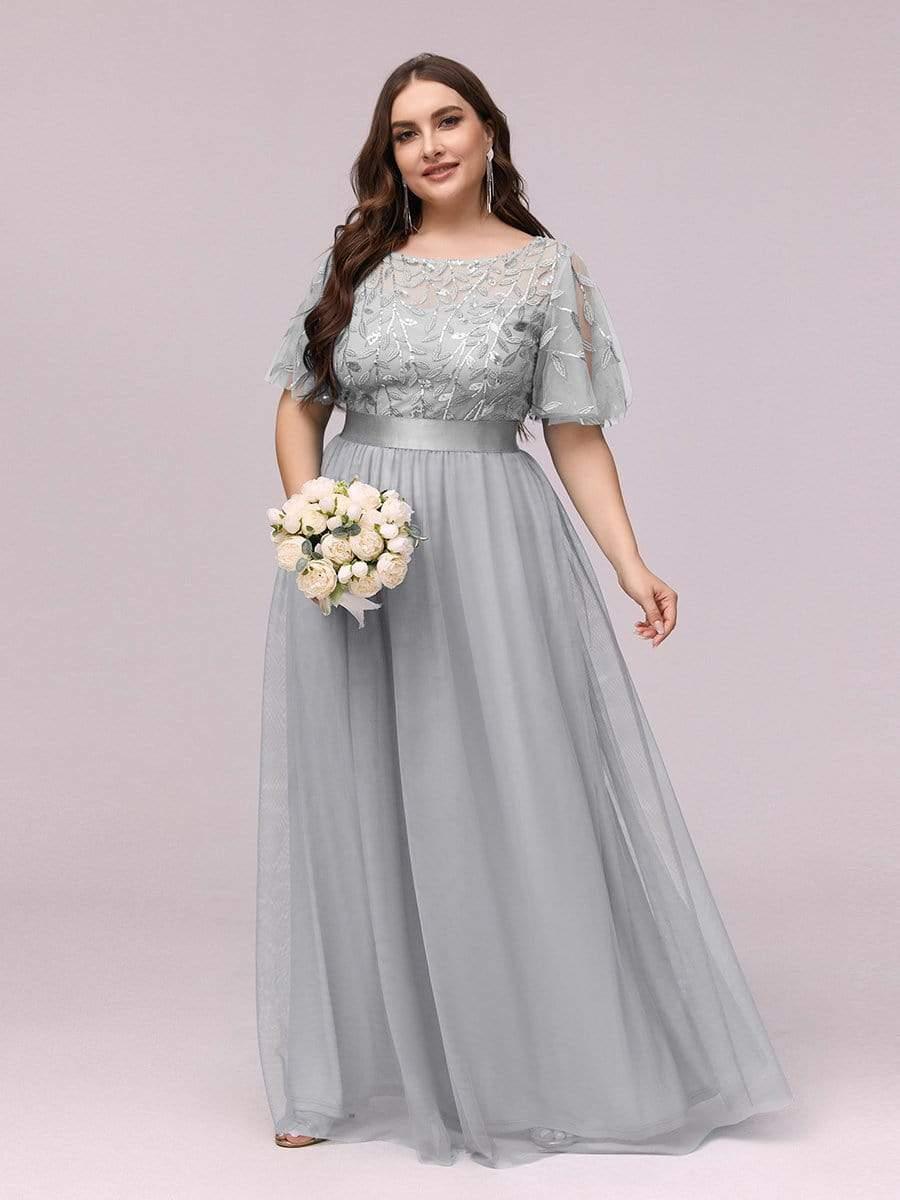 Plus Size Sequin Applique Evening Dress with Short Sleeves
