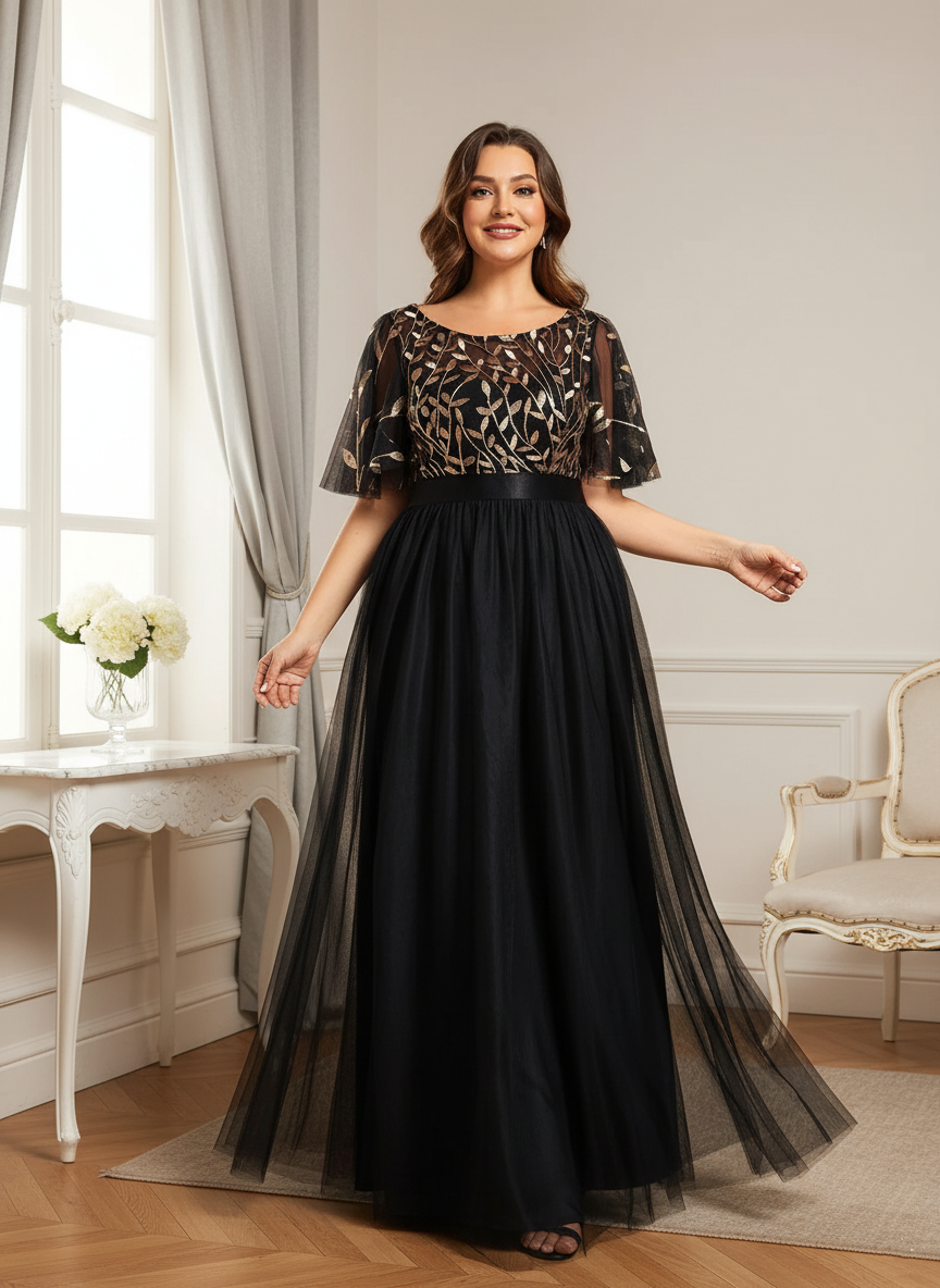 Plus Size Gold Crew Neck Applique Tulle Evening Dresses