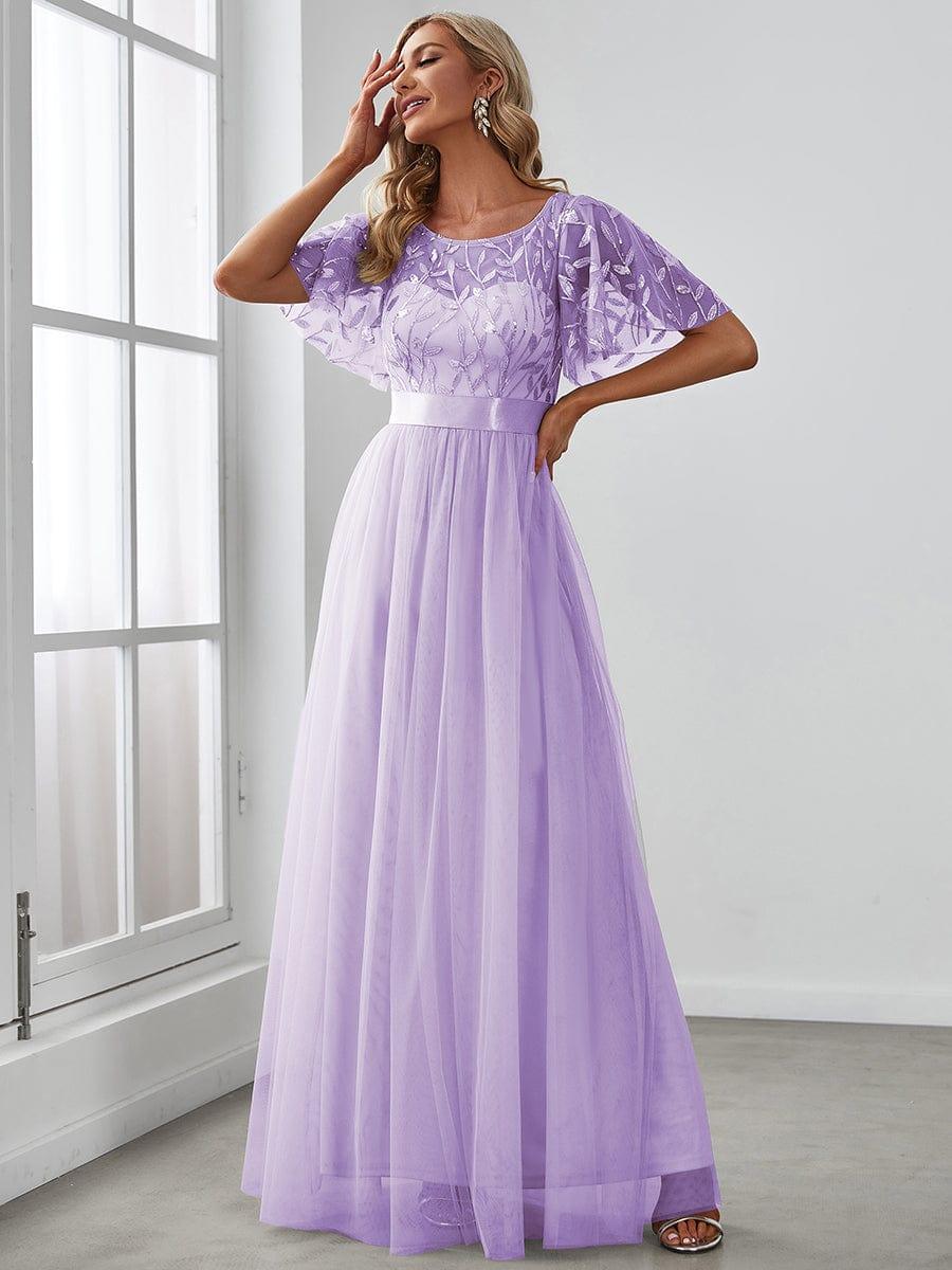 Stunning Sequin Applique A-Line Evening Dress with Short Sleeves