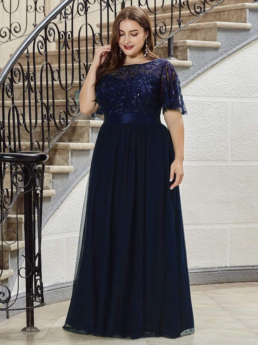 Plus Size Sequin Applique Evening Dress with Short Sleeves