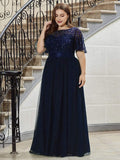 Plus Size Sequin Applique Evening Dress with Short Sleeves