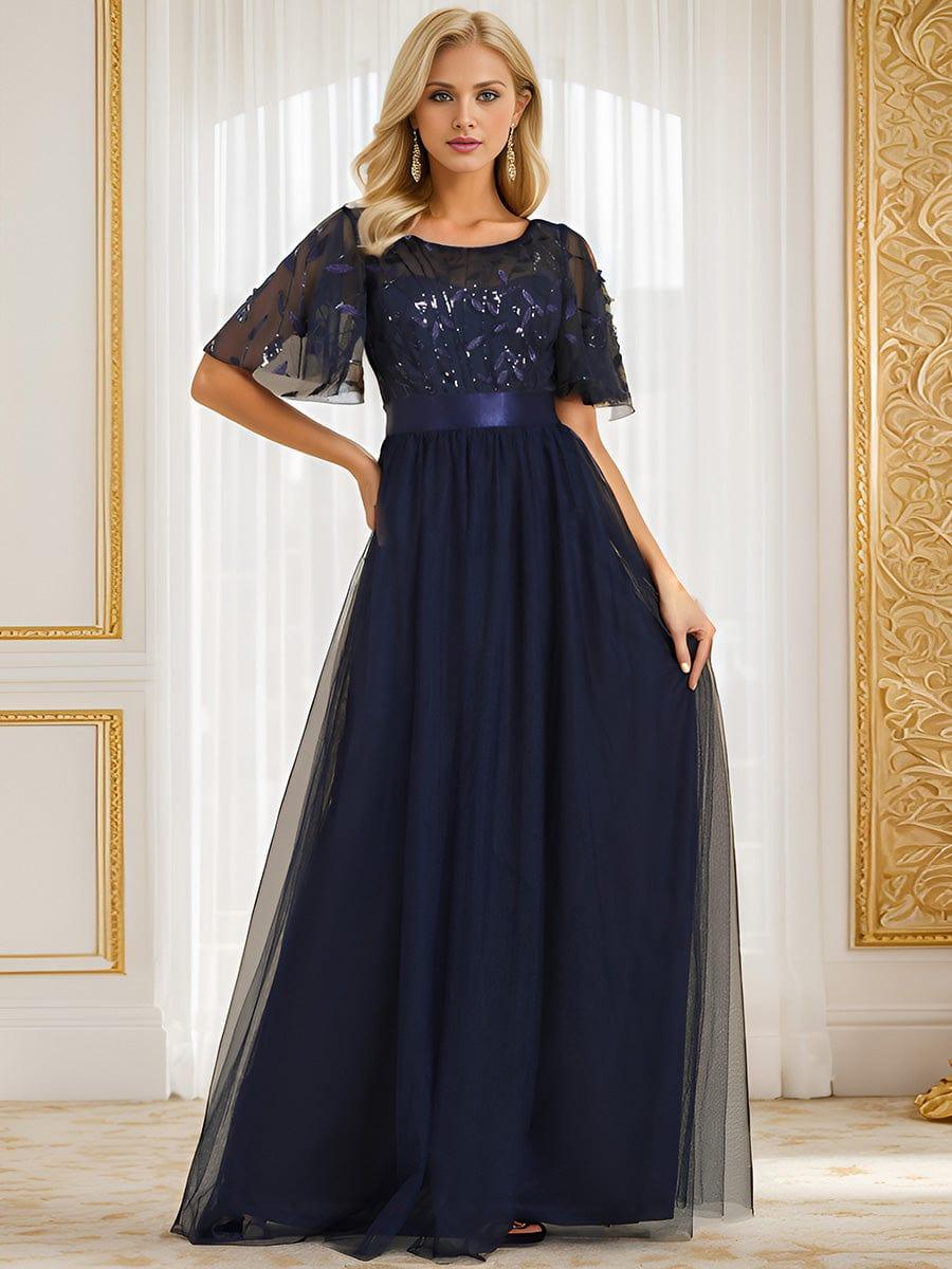 Gold Crew Neck Sequin Prom Dress with Sleeves #color_Navy Blue