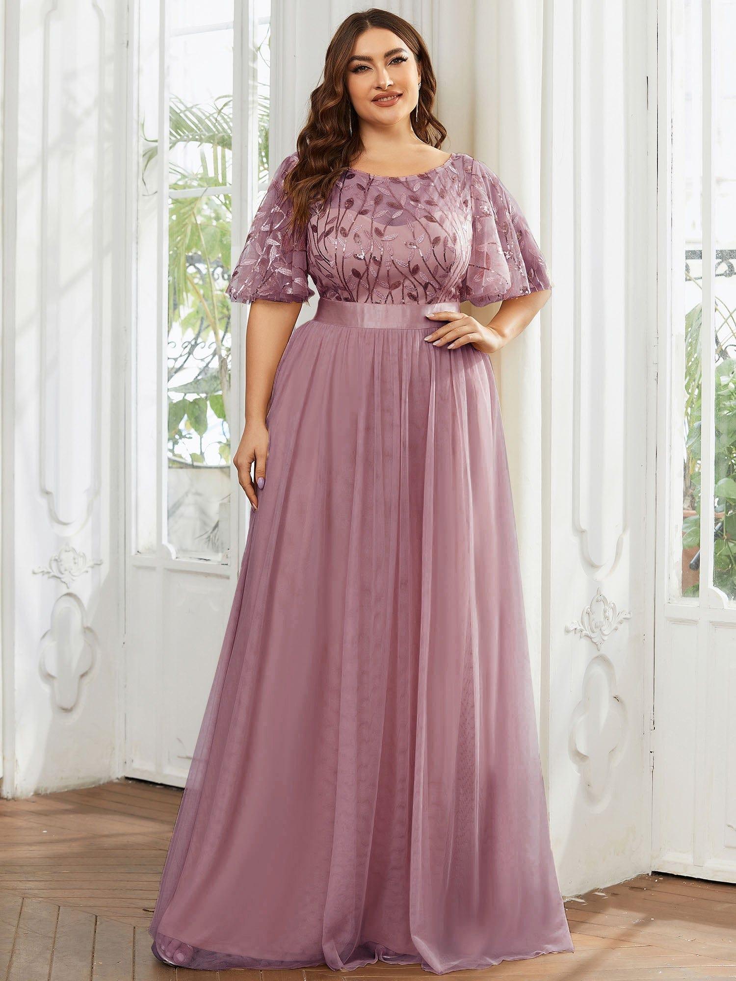 Plus Size Sequin Applique Evening Dress with Short Sleeves