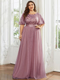 Plus Size Sequin Applique Evening Dress with Short Sleeves