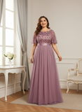 Plus Size Gold Crew Neck Applique Tulle Evening Dresses