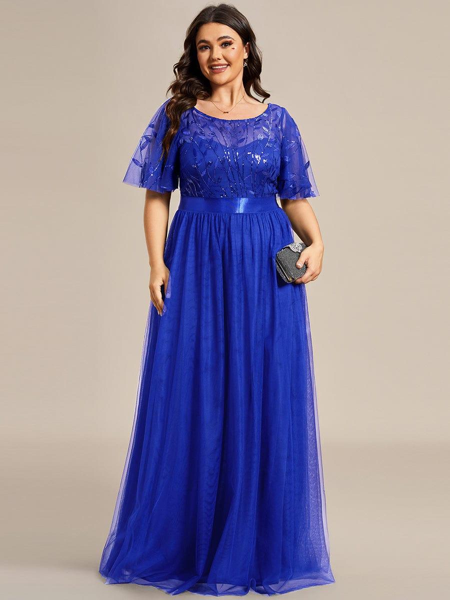 Stunning Sequin Applique A-Line Evening Dress with Short Sleeves