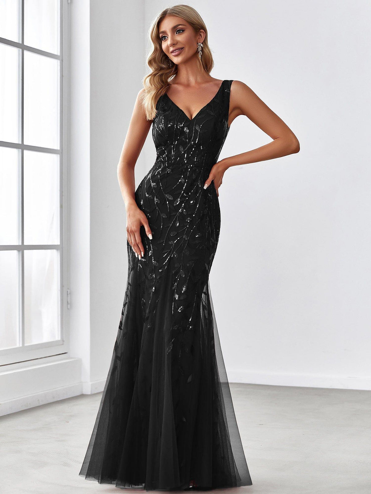 V-Neck Black Sequin Long Mermaid Evening Dress #Color_Black