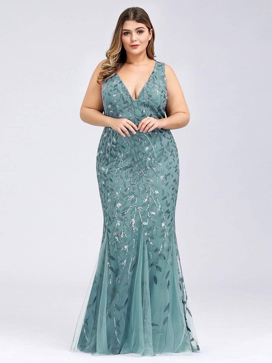 Plus Size V-Neck Sequin Long Mermaid Formal Dresses & Gowns