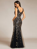 V-Neck Black Sequin Long Mermaid Evening Dress #Color_Black & Gold