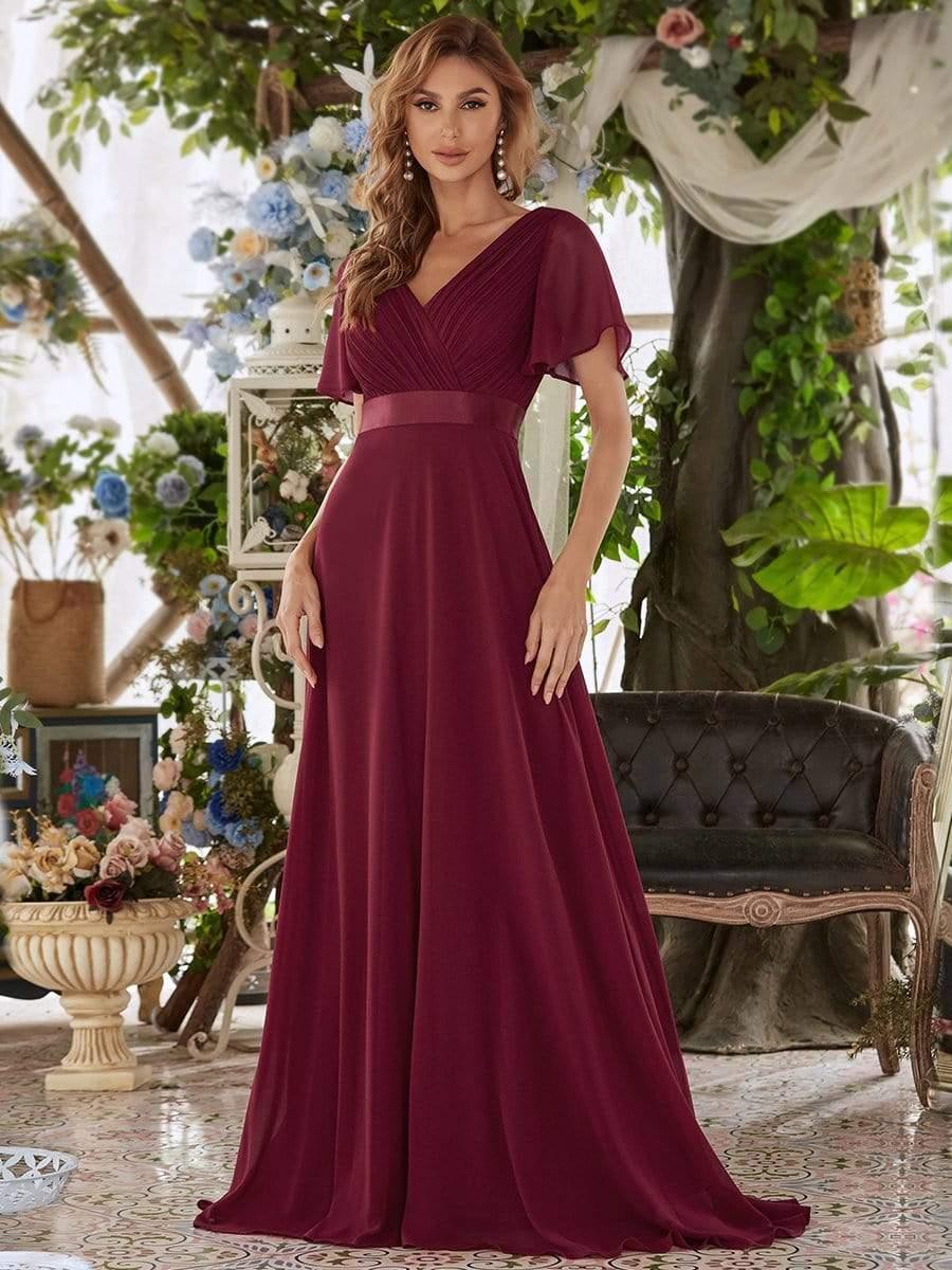 Elegant Pink V-Neck Chiffon A-Line Bridesmaid Dress