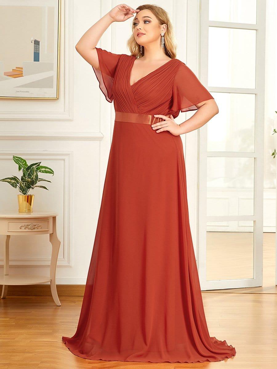 Plus Size V-Neck Chiffon A-Line Evening Dress with Short sleeves