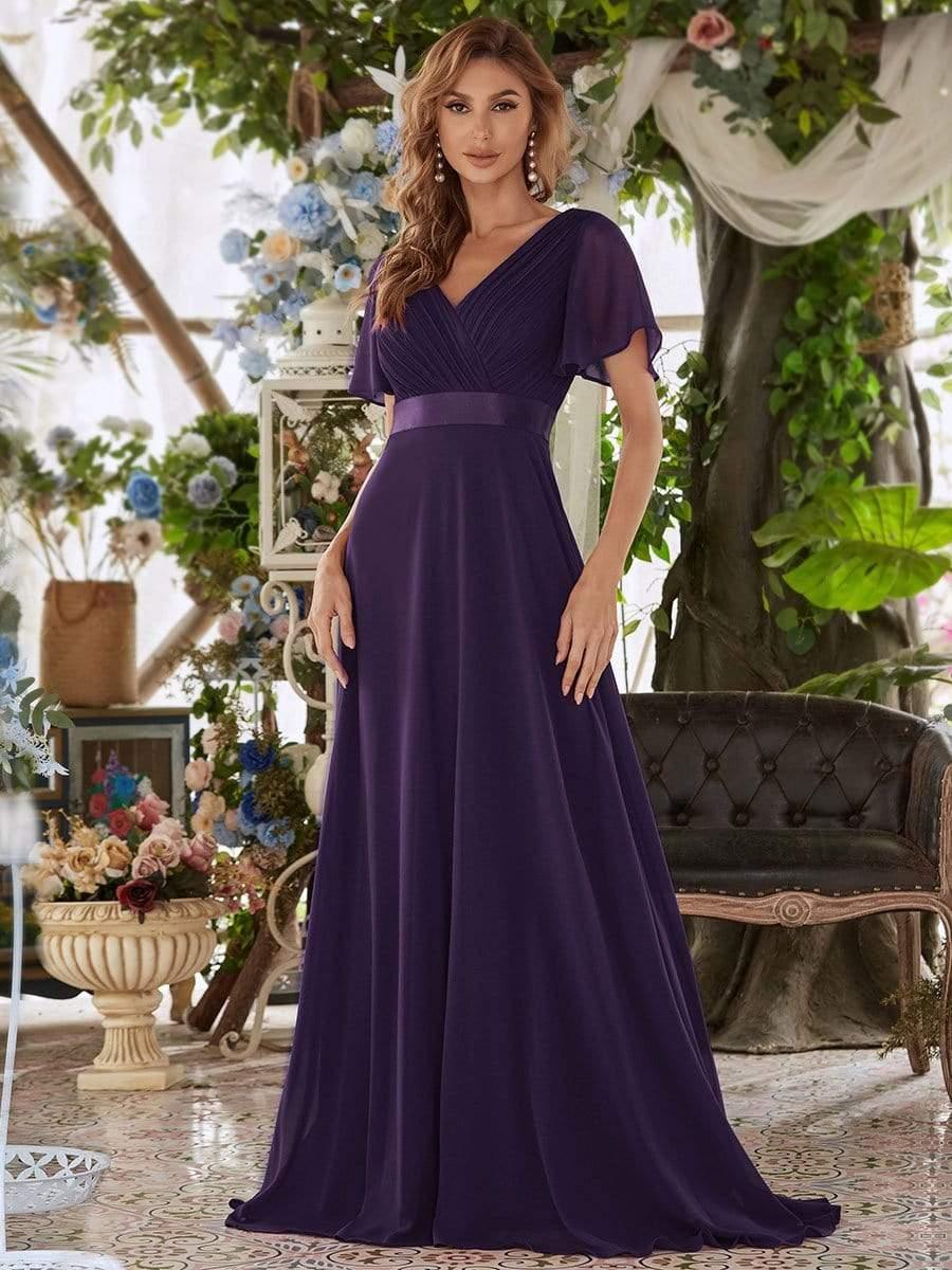 Elegant Pink V-Neck Chiffon A-Line Bridesmaid Dress