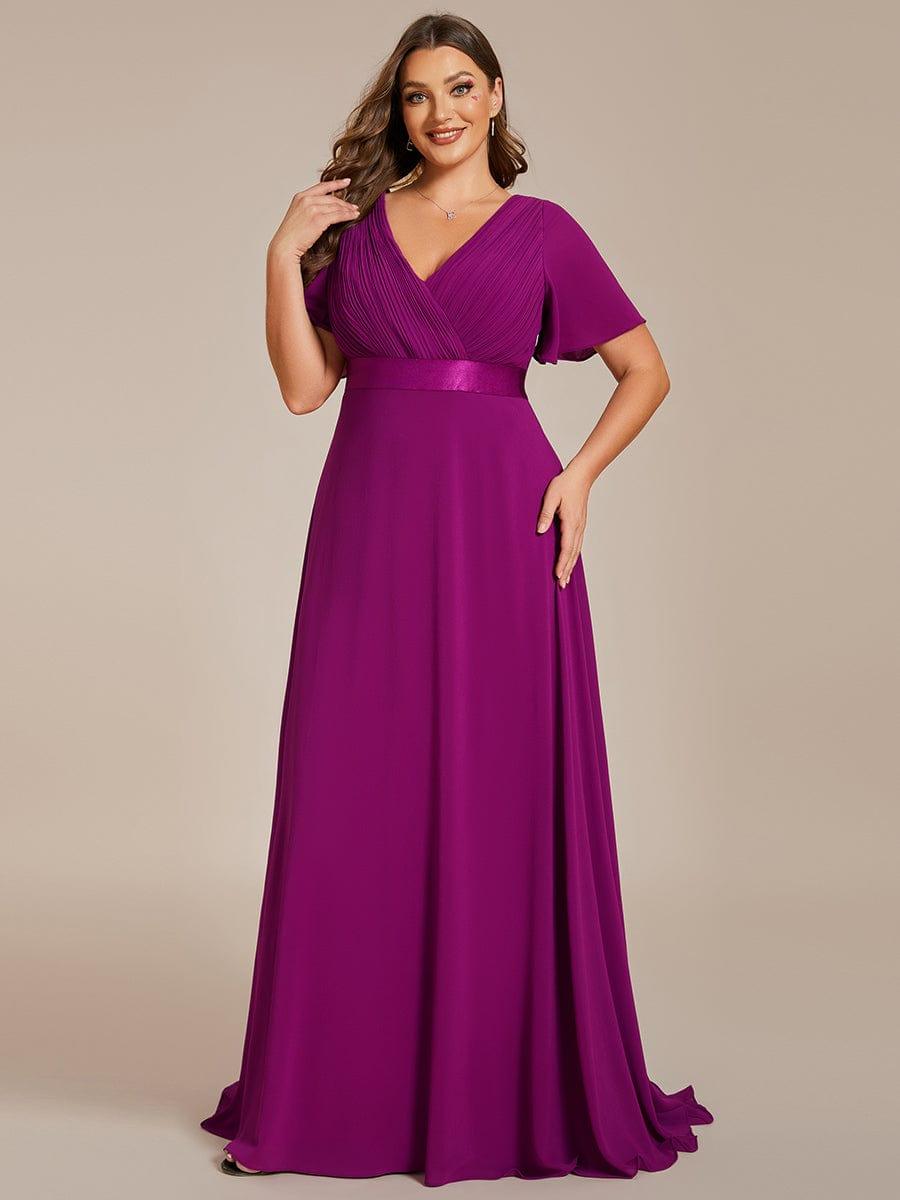 Plus Size V-Neck Chiffon A-Line Evening Dress with Short sleeves