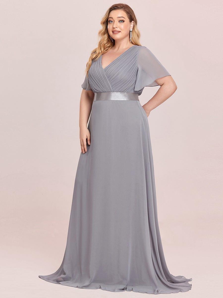 Plus Size V-Neck Chiffon A-Line Evening Dress with Short sleeves