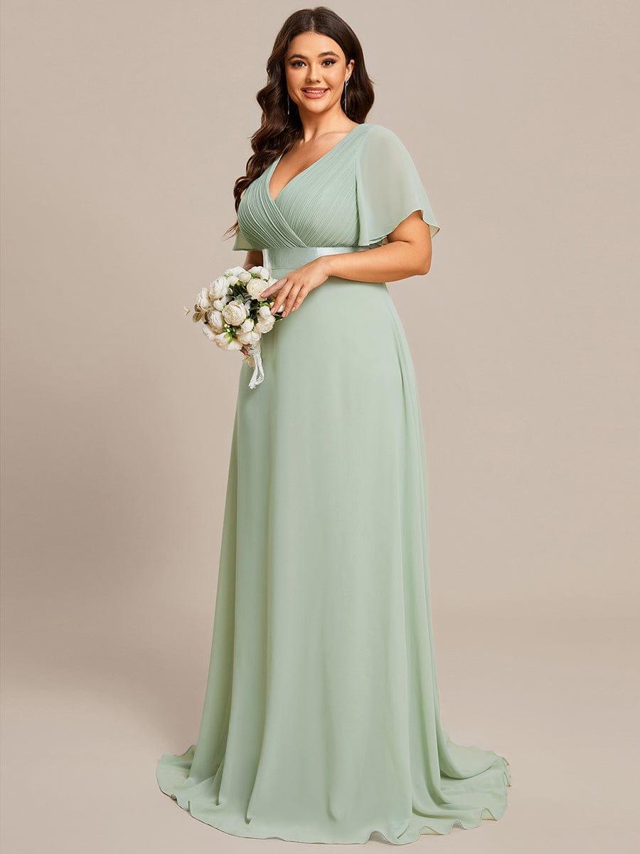 Plus Size V-Neck Chiffon A-Line Evening Dress with Short sleeves