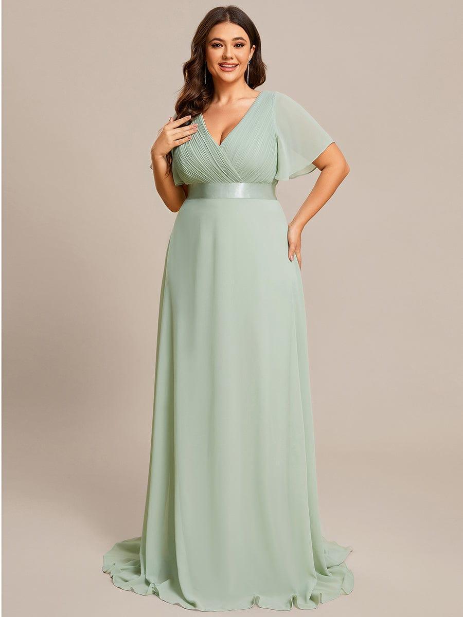Plus Size V-Neck Chiffon A-Line Evening Dress with Short sleeves