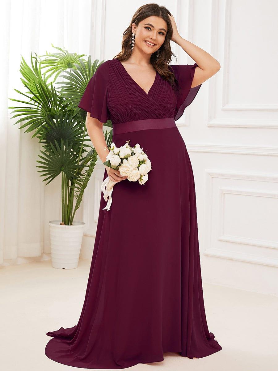 Long Chiffon Empire Waist Bridesmaid Dress with Short Flutter Sleeves #color_Mulberry