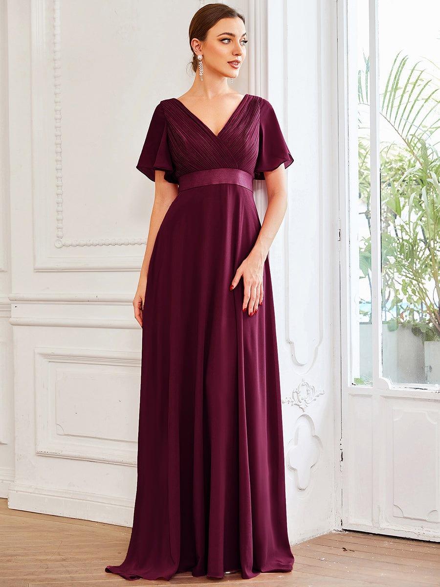 Long Chiffon Empire Waist Bridesmaid Dress with Short Flutter Sleeves #color_Mulberry