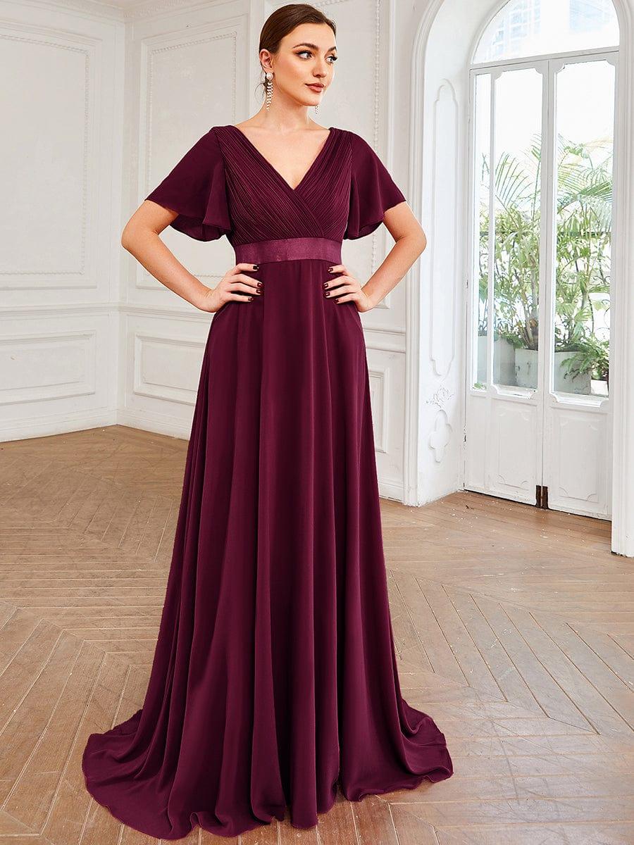 Dusty Blue Empire Waist Chiffon Bridesmaid Dress with Sleeves