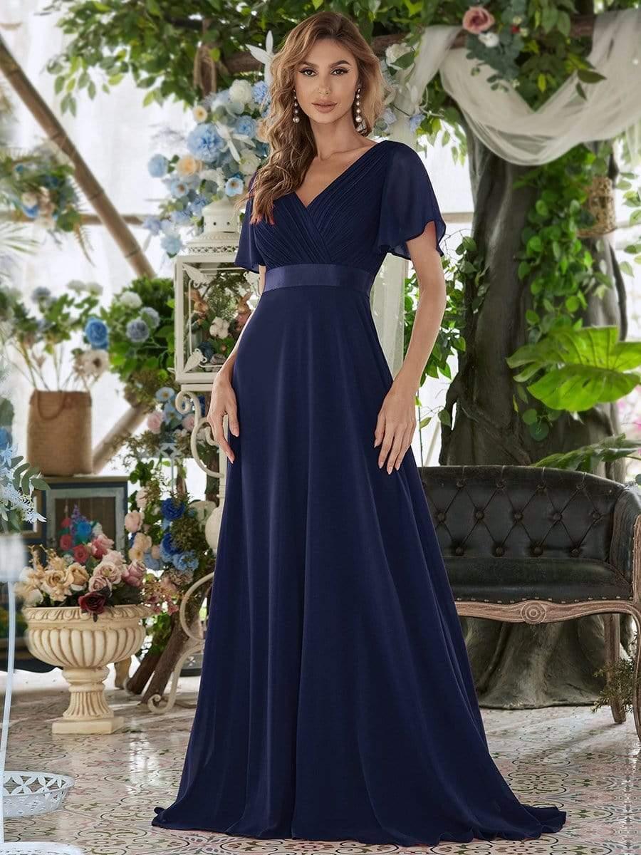 Elegant Pink V-Neck Chiffon A-Line Bridesmaid Dress