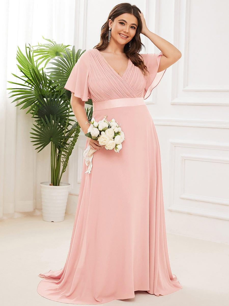 Long Chiffon Empire Waist Bridesmaid Dress with Short Flutter Sleeves #color_Pink