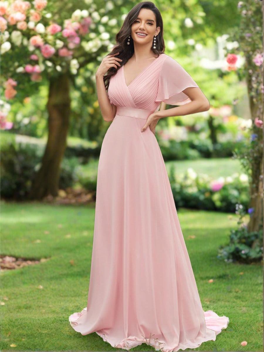 Elegant Pink V-Neck Chiffon A-Line Bridesmaid Dress#color_Pink