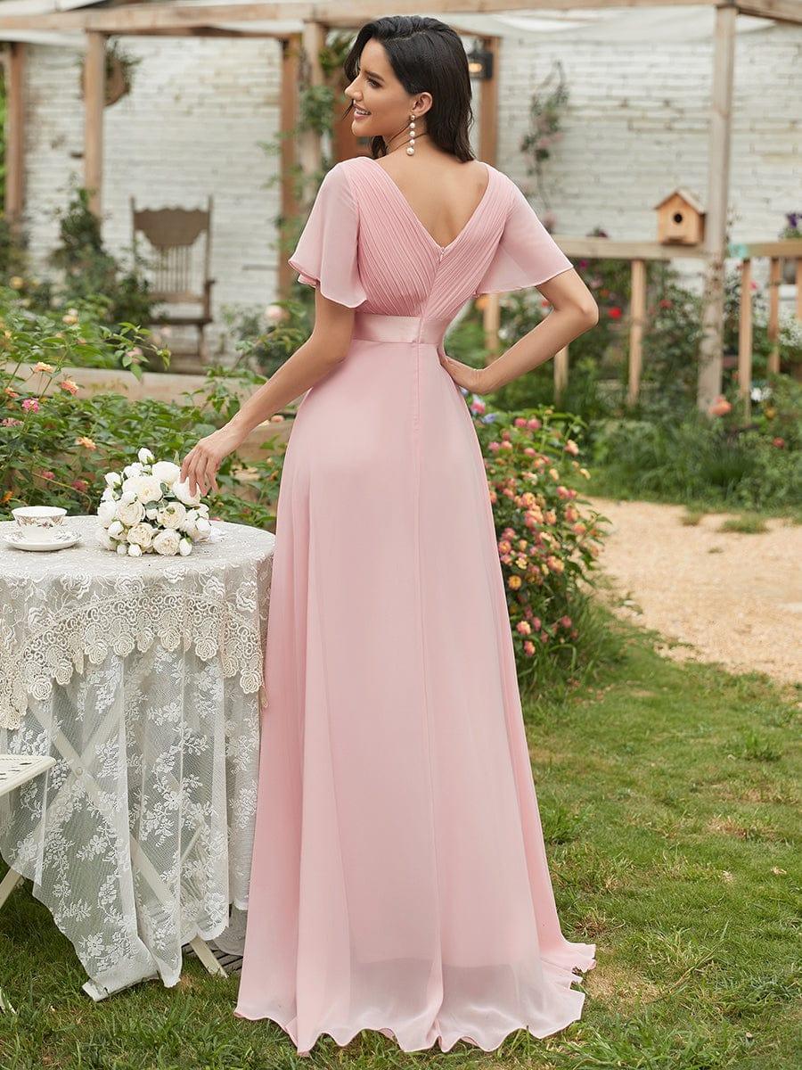 Elegant Pink V-Neck Chiffon A-Line Bridesmaid Dress#color_Pink