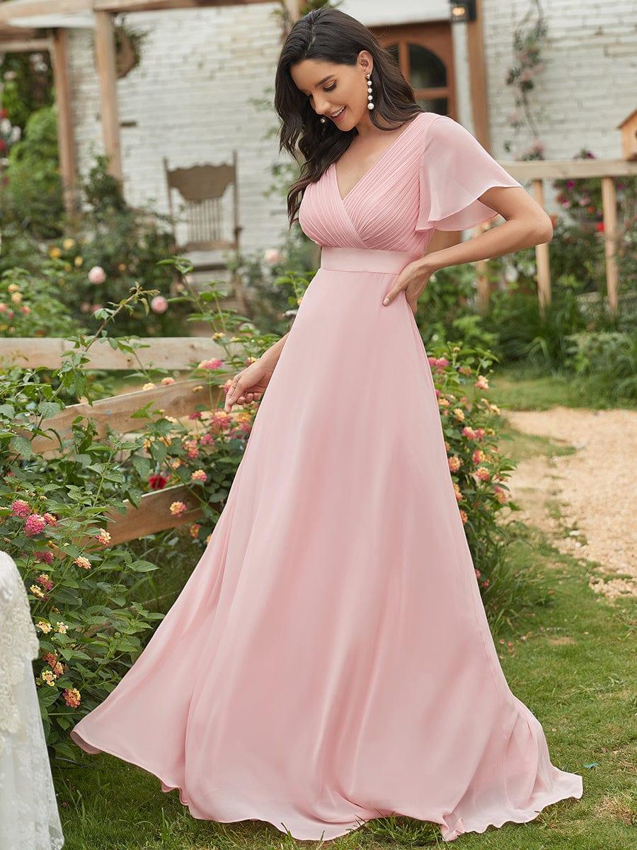 Long Chiffon Empire Waist Bridesmaid Dress with Short Flutter Sleeves #color_Pink
